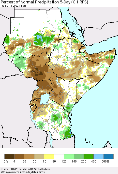 Eastern Africa Percent of Normal Precipitation 5-Day (CHIRPS) Thematic Map For 6/1/2022 - 6/5/2022