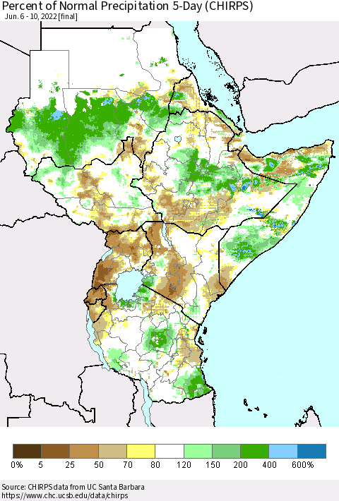 Eastern Africa Percent of Normal Precipitation 5-Day (CHIRPS) Thematic Map For 6/6/2022 - 6/10/2022