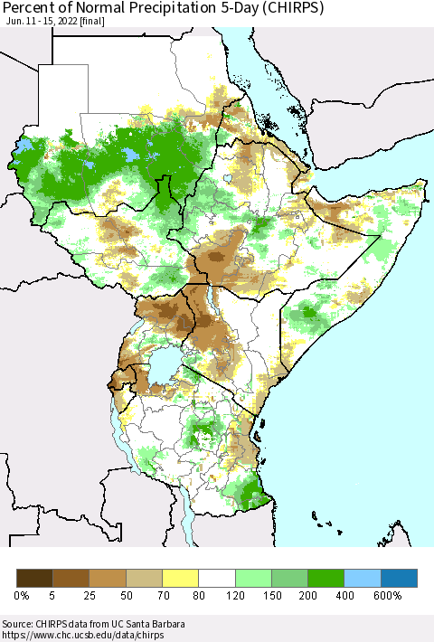 Eastern Africa Percent of Normal Precipitation 5-Day (CHIRPS) Thematic Map For 6/11/2022 - 6/15/2022