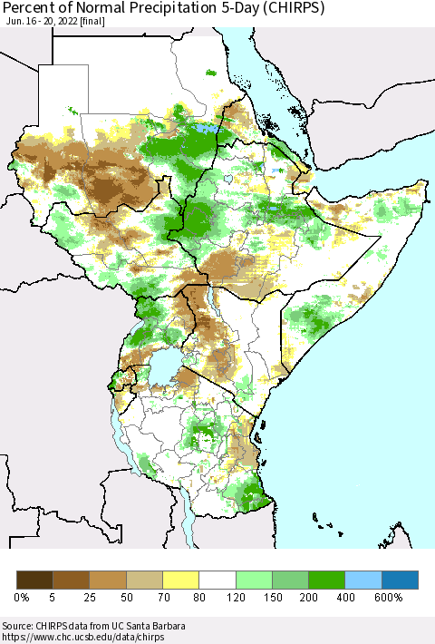 Eastern Africa Percent of Normal Precipitation 5-Day (CHIRPS) Thematic Map For 6/16/2022 - 6/20/2022