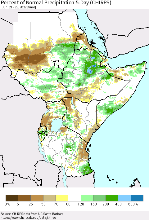 Eastern Africa Percent of Normal Precipitation 5-Day (CHIRPS) Thematic Map For 6/21/2022 - 6/25/2022