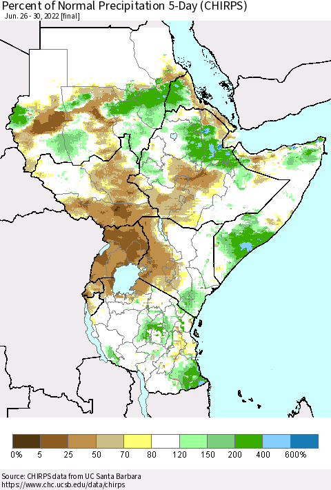 Eastern Africa Percent of Normal Precipitation 5-Day (CHIRPS) Thematic Map For 6/26/2022 - 6/30/2022