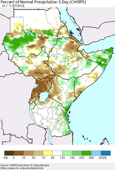 Eastern Africa Percent of Normal Precipitation 5-Day (CHIRPS) Thematic Map For 7/1/2022 - 7/5/2022