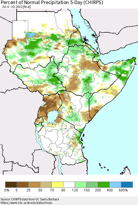 Eastern Africa Percent of Normal Precipitation 5-Day (CHIRPS) Thematic Map For 7/6/2022 - 7/10/2022