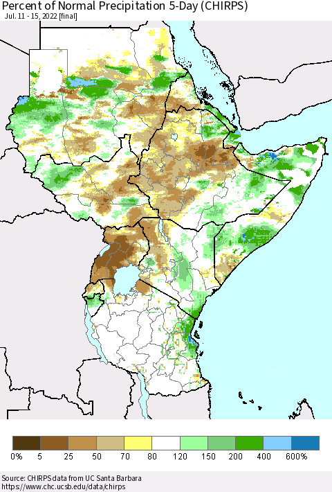 Eastern Africa Percent of Normal Precipitation 5-Day (CHIRPS) Thematic Map For 7/11/2022 - 7/15/2022