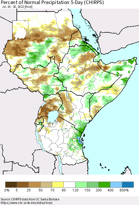 Eastern Africa Percent of Normal Precipitation 5-Day (CHIRPS) Thematic Map For 7/16/2022 - 7/20/2022