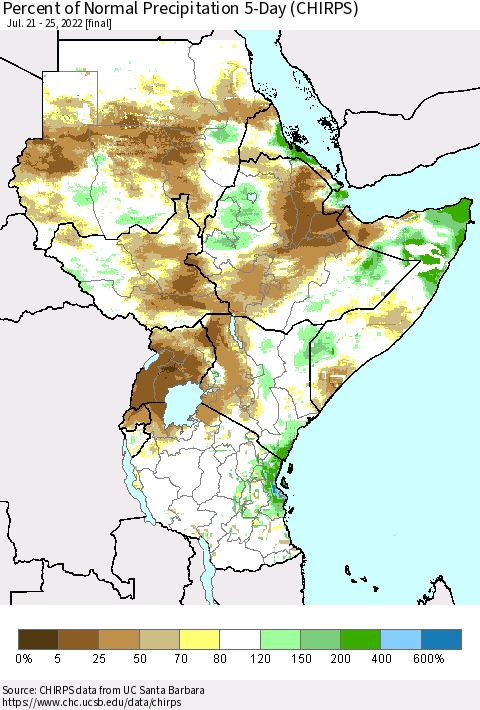 Eastern Africa Percent of Normal Precipitation 5-Day (CHIRPS) Thematic Map For 7/21/2022 - 7/25/2022