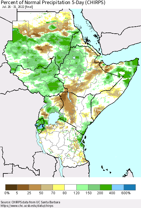 Eastern Africa Percent of Normal Precipitation 5-Day (CHIRPS) Thematic Map For 7/26/2022 - 7/31/2022