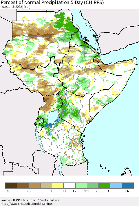 Eastern Africa Percent of Normal Precipitation 5-Day (CHIRPS) Thematic Map For 8/1/2022 - 8/5/2022