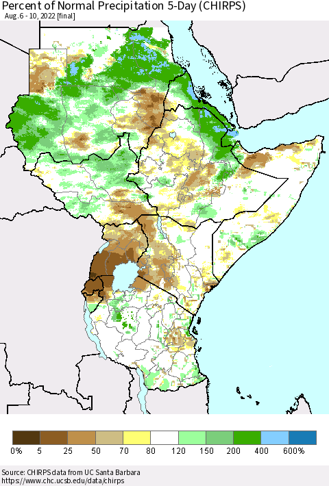 Eastern Africa Percent of Normal Precipitation 5-Day (CHIRPS) Thematic Map For 8/6/2022 - 8/10/2022