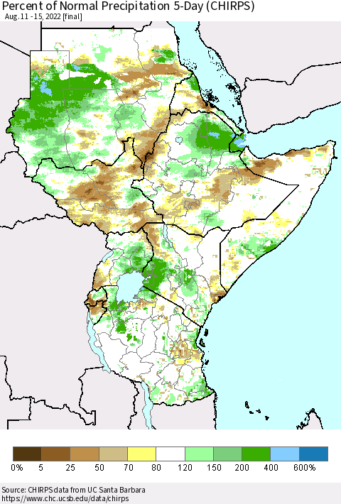 Eastern Africa Percent of Normal Precipitation 5-Day (CHIRPS) Thematic Map For 8/11/2022 - 8/15/2022