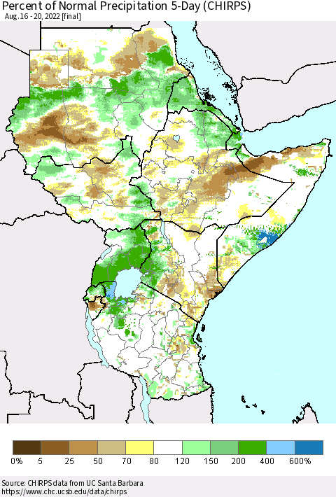 Eastern Africa Percent of Normal Precipitation 5-Day (CHIRPS) Thematic Map For 8/16/2022 - 8/20/2022