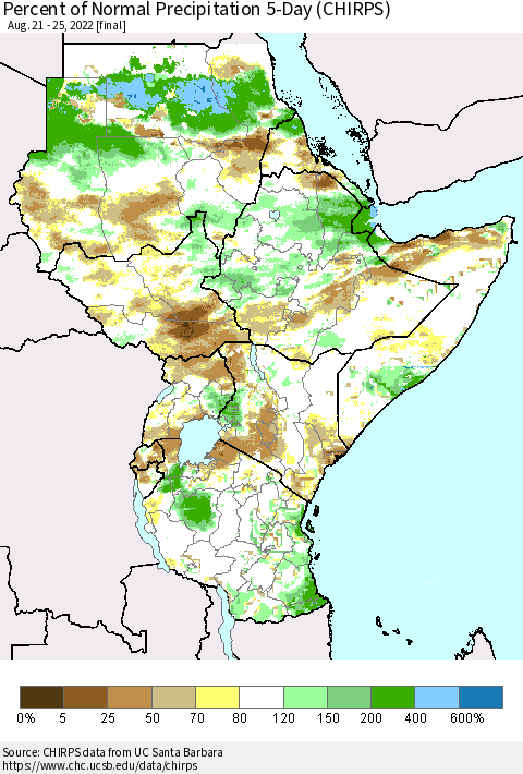 Eastern Africa Percent of Normal Precipitation 5-Day (CHIRPS) Thematic Map For 8/21/2022 - 8/25/2022