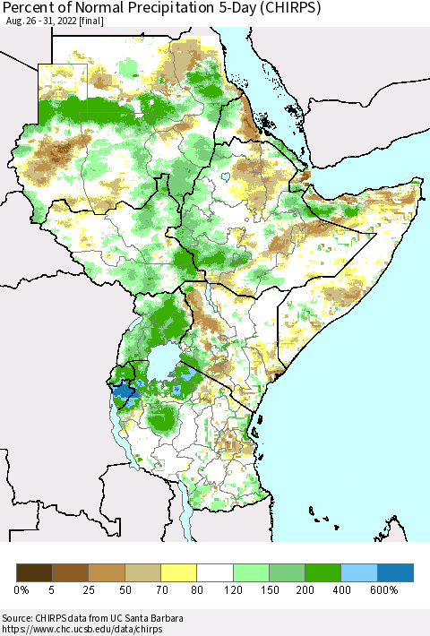 Eastern Africa Percent of Normal Precipitation 5-Day (CHIRPS) Thematic Map For 8/26/2022 - 8/31/2022