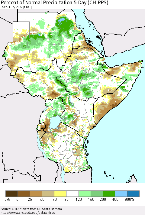 Eastern Africa Percent of Normal Precipitation 5-Day (CHIRPS) Thematic Map For 9/1/2022 - 9/5/2022