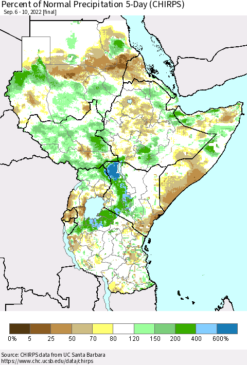 Eastern Africa Percent of Normal Precipitation 5-Day (CHIRPS) Thematic Map For 9/6/2022 - 9/10/2022