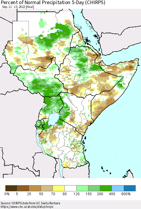Eastern Africa Percent of Normal Precipitation 5-Day (CHIRPS) Thematic Map For 9/11/2022 - 9/15/2022