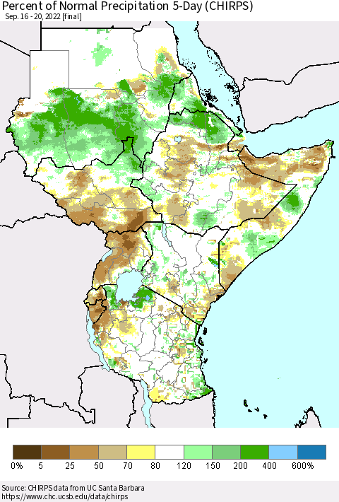 Eastern Africa Percent of Normal Precipitation 5-Day (CHIRPS) Thematic Map For 9/16/2022 - 9/20/2022