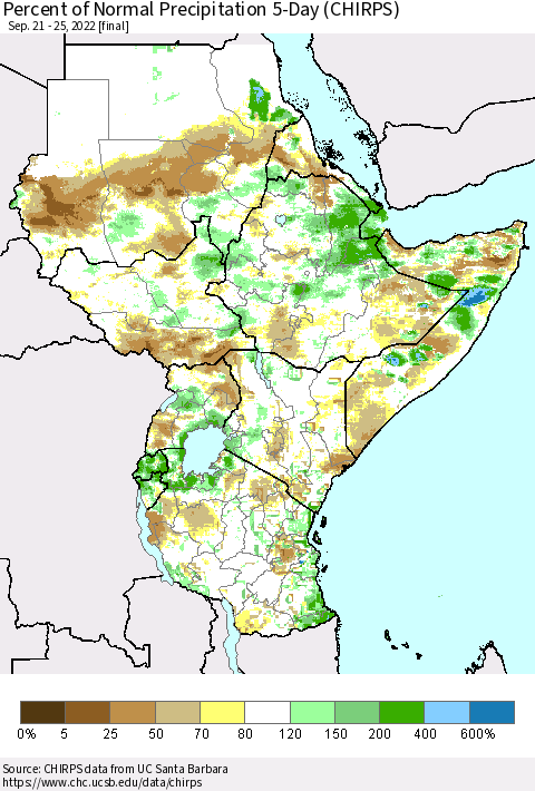 Eastern Africa Percent of Normal Precipitation 5-Day (CHIRPS) Thematic Map For 9/21/2022 - 9/25/2022