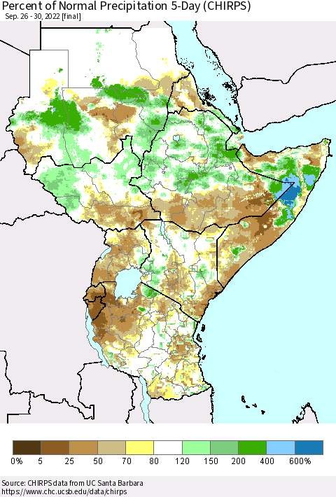 Eastern Africa Percent of Normal Precipitation 5-Day (CHIRPS) Thematic Map For 9/26/2022 - 9/30/2022