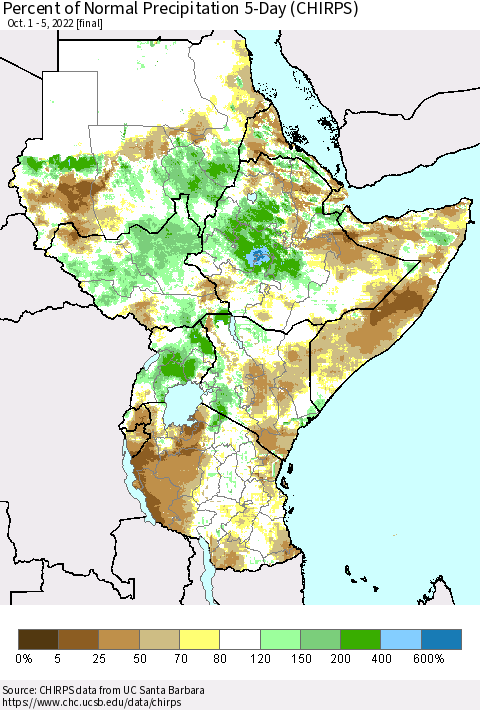 Eastern Africa Percent of Normal Precipitation 5-Day (CHIRPS) Thematic Map For 10/1/2022 - 10/5/2022