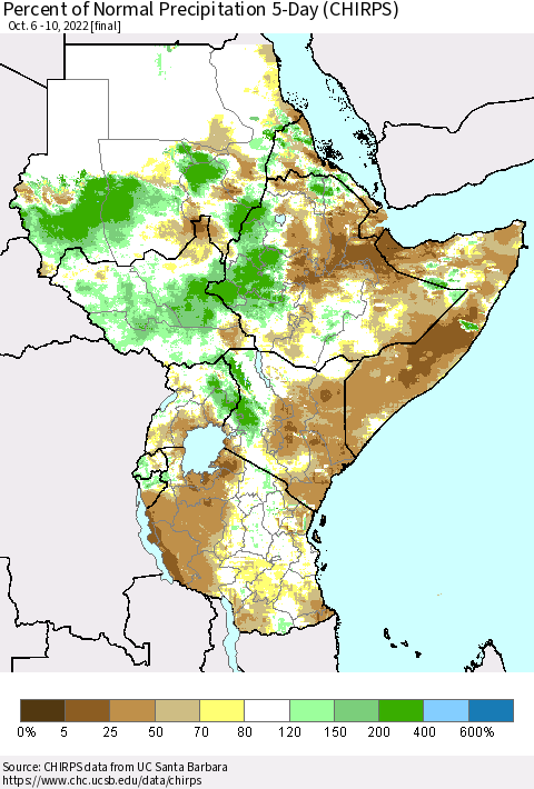 Eastern Africa Percent of Normal Precipitation 5-Day (CHIRPS) Thematic Map For 10/6/2022 - 10/10/2022