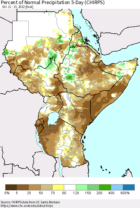 Eastern Africa Percent of Normal Precipitation 5-Day (CHIRPS) Thematic Map For 10/11/2022 - 10/15/2022