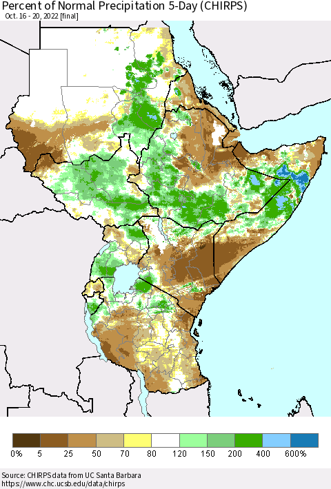 Eastern Africa Percent of Normal Precipitation 5-Day (CHIRPS) Thematic Map For 10/16/2022 - 10/20/2022