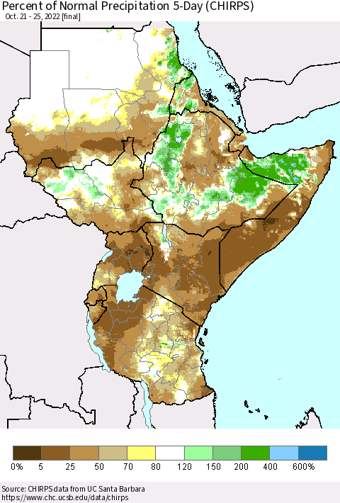Eastern Africa Percent of Normal Precipitation 5-Day (CHIRPS) Thematic Map For 10/21/2022 - 10/25/2022
