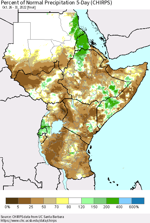 Eastern Africa Percent of Normal Precipitation 5-Day (CHIRPS) Thematic Map For 10/26/2022 - 10/31/2022