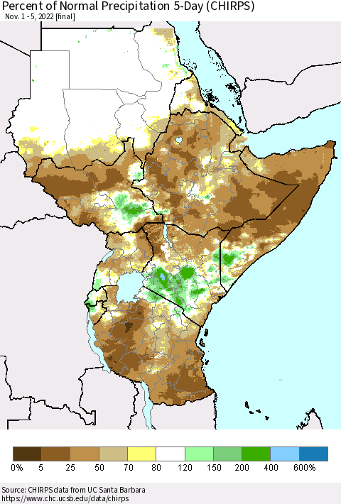 Eastern Africa Percent of Normal Precipitation 5-Day (CHIRPS) Thematic Map For 11/1/2022 - 11/5/2022
