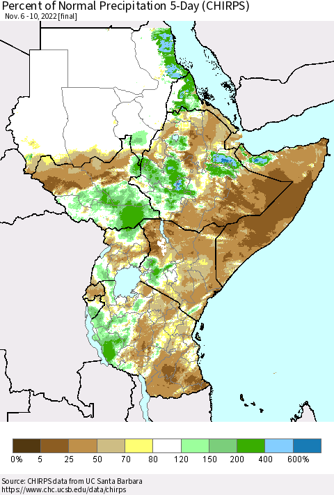 Eastern Africa Percent of Normal Precipitation 5-Day (CHIRPS) Thematic Map For 11/6/2022 - 11/10/2022