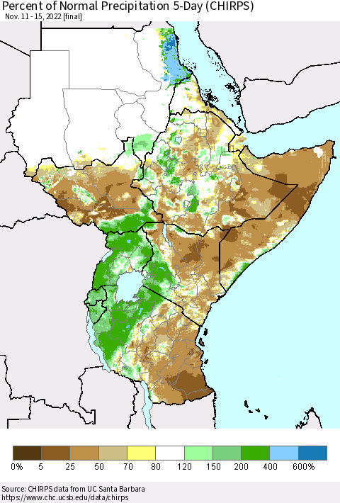 Eastern Africa Percent of Normal Precipitation 5-Day (CHIRPS) Thematic Map For 11/11/2022 - 11/15/2022