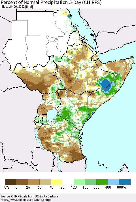Eastern Africa Percent of Normal Precipitation 5-Day (CHIRPS) Thematic Map For 11/16/2022 - 11/20/2022