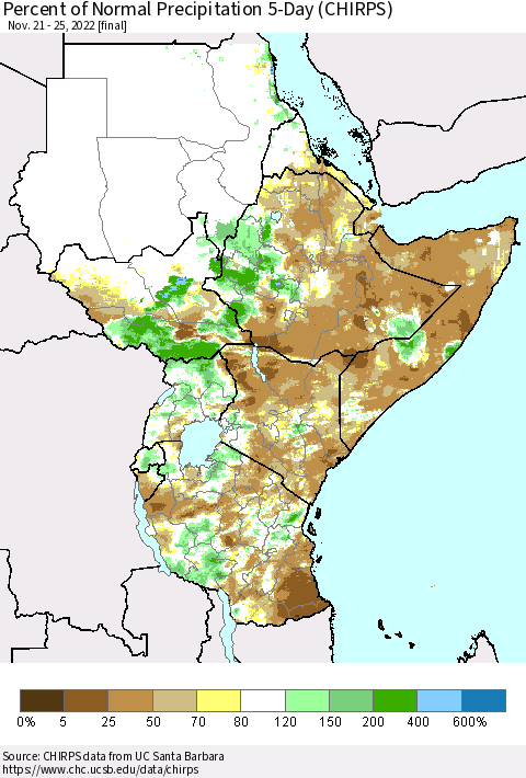 Eastern Africa Percent of Normal Precipitation 5-Day (CHIRPS) Thematic Map For 11/21/2022 - 11/25/2022
