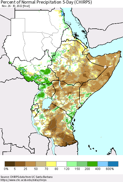 Eastern Africa Percent of Normal Precipitation 5-Day (CHIRPS) Thematic Map For 11/26/2022 - 11/30/2022