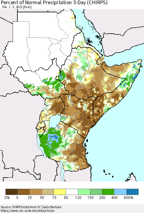 Eastern Africa Percent of Normal Precipitation 5-Day (CHIRPS) Thematic Map For 12/1/2022 - 12/5/2022