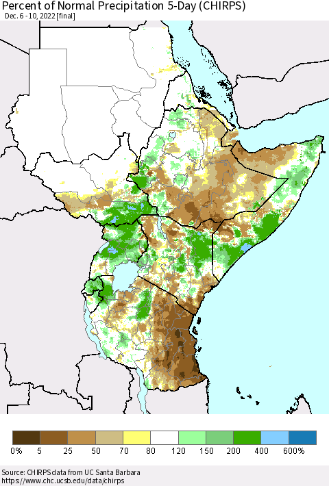 Eastern Africa Percent of Normal Precipitation 5-Day (CHIRPS) Thematic Map For 12/6/2022 - 12/10/2022