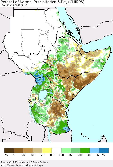 Eastern Africa Percent of Normal Precipitation 5-Day (CHIRPS) Thematic Map For 12/11/2022 - 12/15/2022
