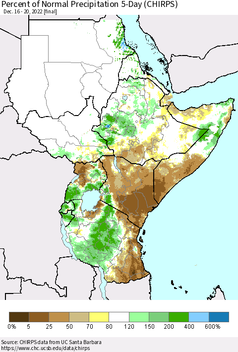Eastern Africa Percent of Normal Precipitation 5-Day (CHIRPS) Thematic Map For 12/16/2022 - 12/20/2022