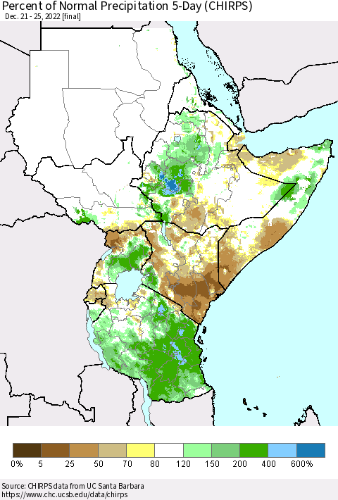 Eastern Africa Percent of Normal Precipitation 5-Day (CHIRPS) Thematic Map For 12/21/2022 - 12/25/2022