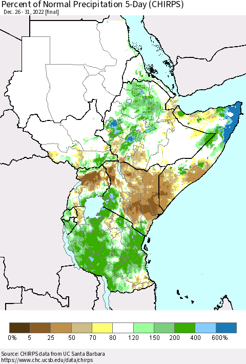 Eastern Africa Percent of Normal Precipitation 5-Day (CHIRPS) Thematic Map For 12/26/2022 - 12/31/2022