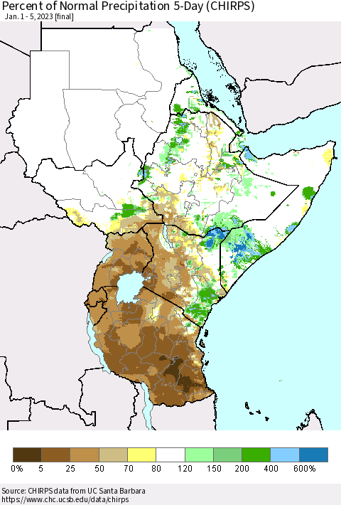Eastern Africa Percent of Normal Precipitation 5-Day (CHIRPS) Thematic Map For 1/1/2023 - 1/5/2023