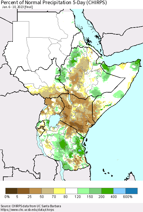 Eastern Africa Percent of Normal Precipitation 5-Day (CHIRPS) Thematic Map For 1/6/2023 - 1/10/2023
