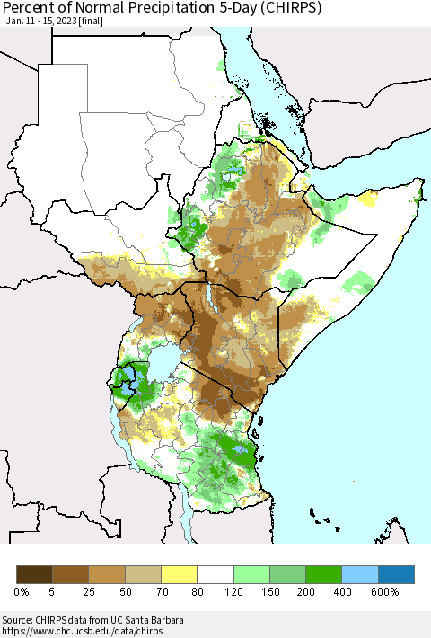 Eastern Africa Percent of Normal Precipitation 5-Day (CHIRPS) Thematic Map For 1/11/2023 - 1/15/2023