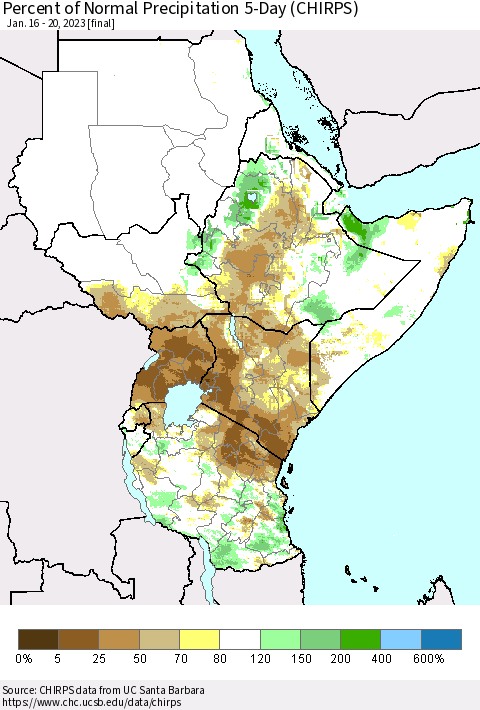 Eastern Africa Percent of Normal Precipitation 5-Day (CHIRPS) Thematic Map For 1/16/2023 - 1/20/2023