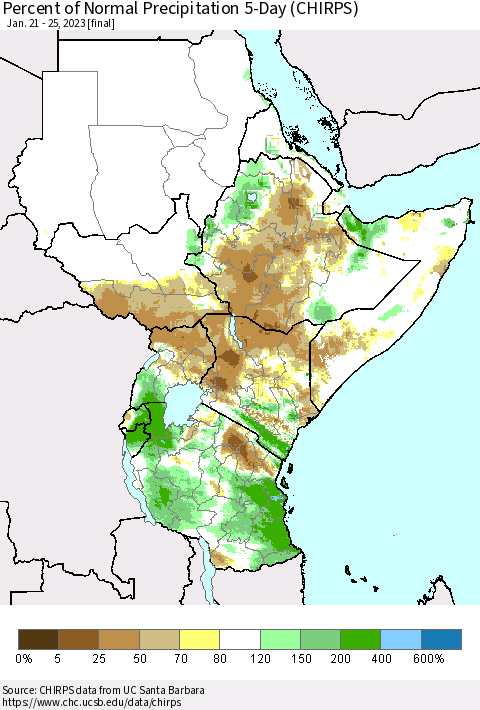 Eastern Africa Percent of Normal Precipitation 5-Day (CHIRPS) Thematic Map For 1/21/2023 - 1/25/2023