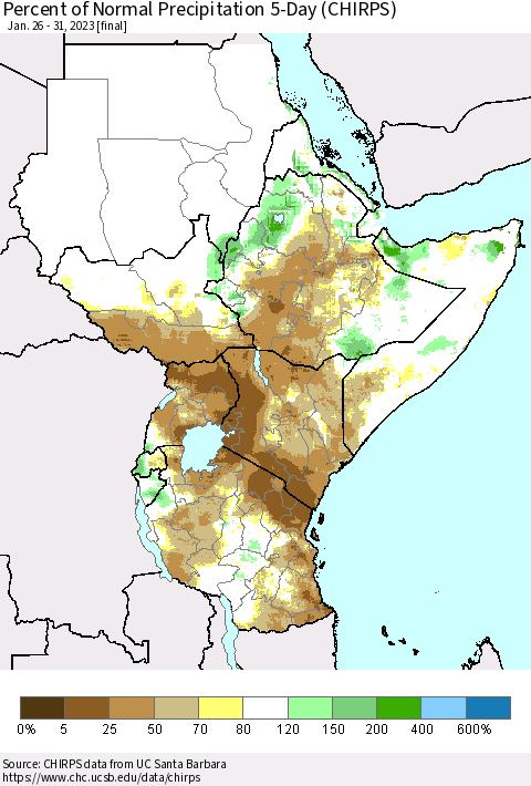 Eastern Africa Percent of Normal Precipitation 5-Day (CHIRPS) Thematic Map For 1/26/2023 - 1/31/2023