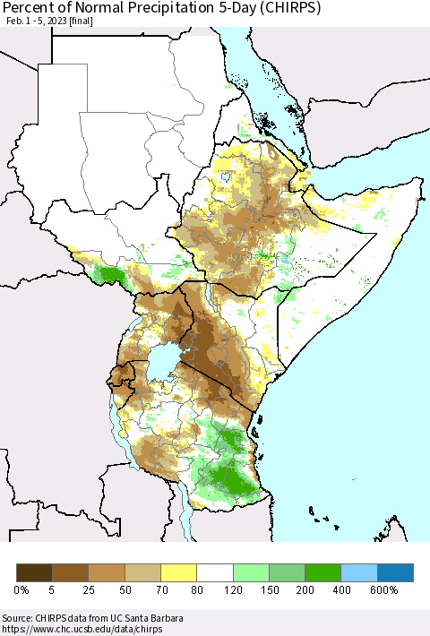 Eastern Africa Percent of Normal Precipitation 5-Day (CHIRPS) Thematic Map For 2/1/2023 - 2/5/2023