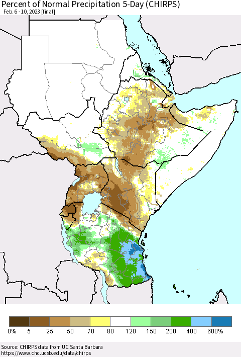 Eastern Africa Percent of Normal Precipitation 5-Day (CHIRPS) Thematic Map For 2/6/2023 - 2/10/2023